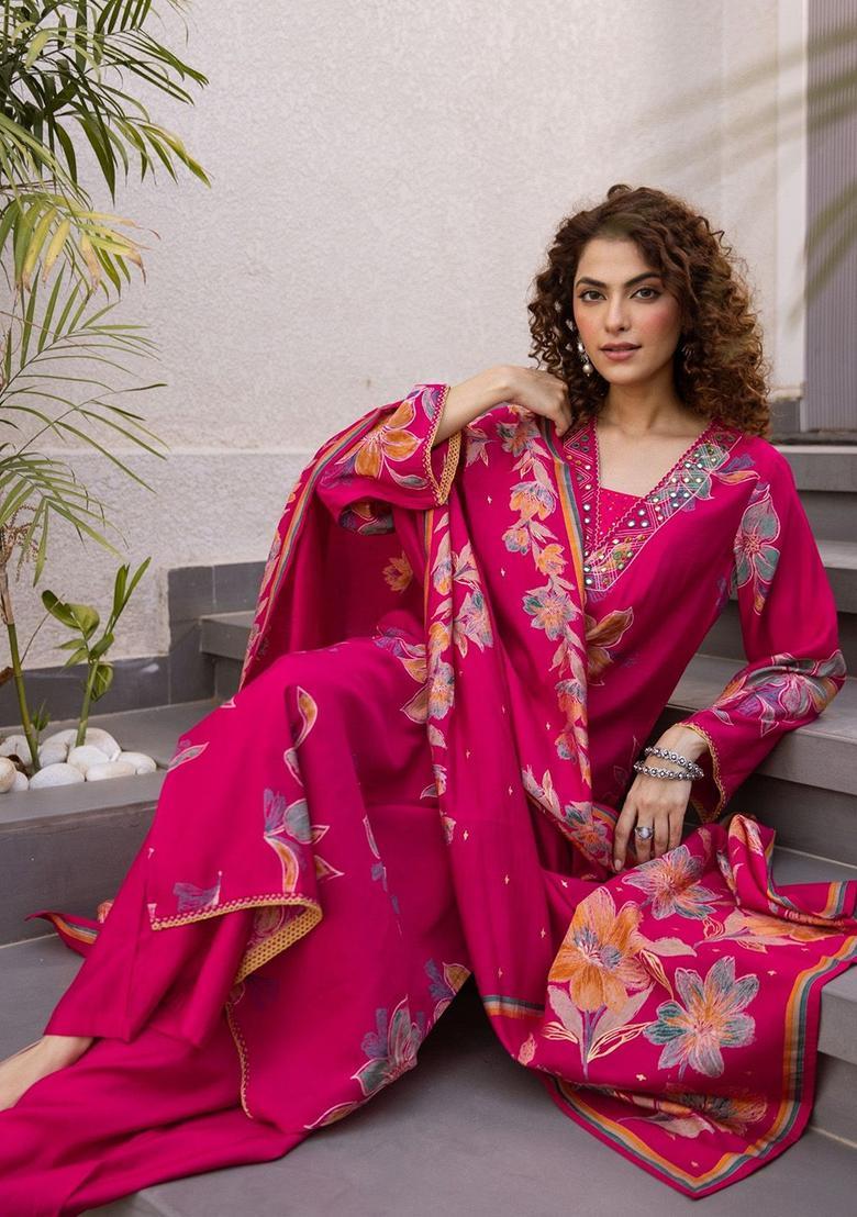 Pink Printed Viscose Kurta Sets - Indya