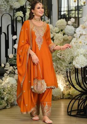 Orange Yoke Design Chinon Kurta Sets