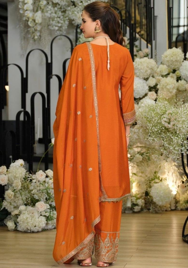 Orange Yoke Design Chinon Kurta Sets - Indya