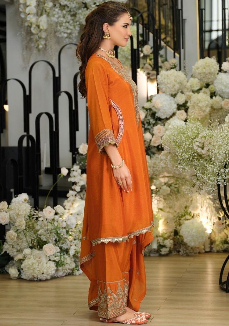 Orange Yoke Design Chinon Kurta Sets - Indya