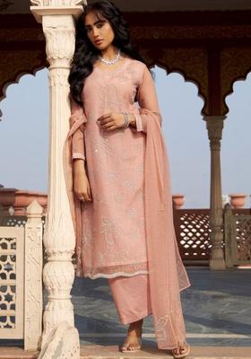 Peach Embroidered Satin Kurta Sets