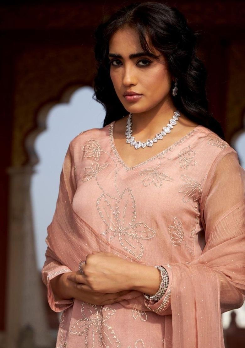 Peach Embroidered Satin Kurta Sets - Indya