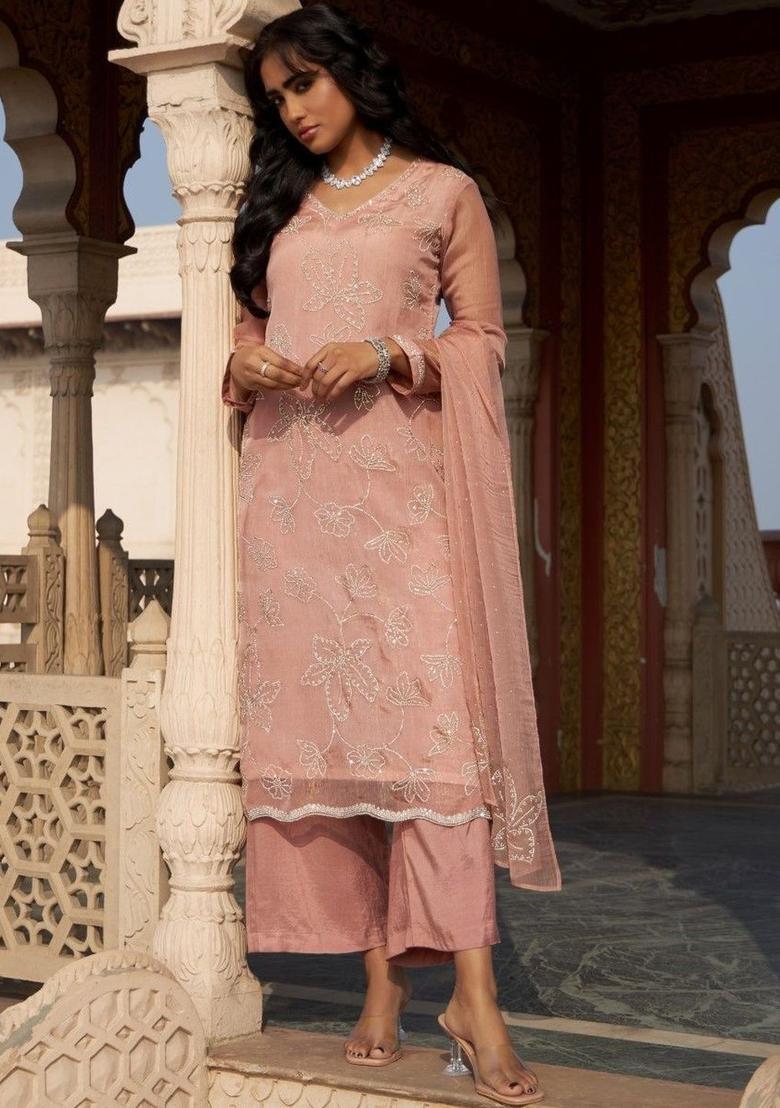 Peach Embroidered Satin Kurta Sets - Indya