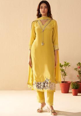 Yellow Embroidered Crepe Kurta Sets