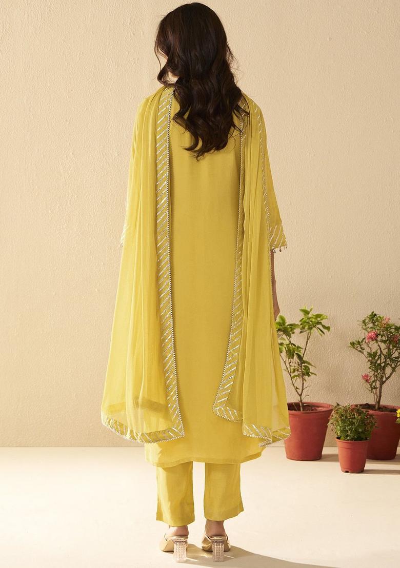 Yellow Embroidered Crepe Kurta Sets - Indya