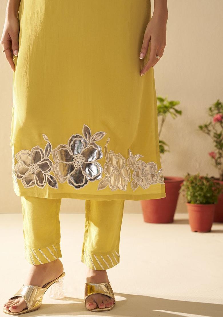Yellow Embroidered Crepe Kurta Sets - Indya