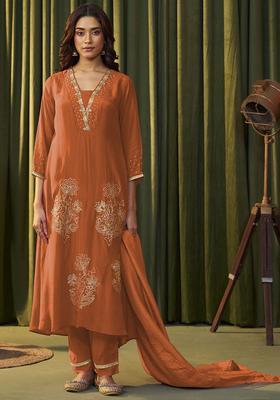 Rust Embroidered Silk Blend Kurta Sets