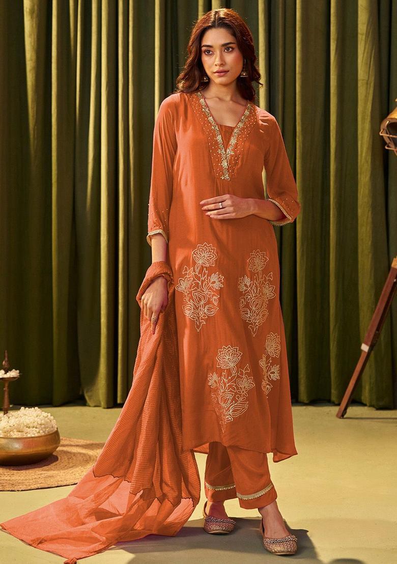 Rust Embroidered Silk Blend Kurta Sets - Indya