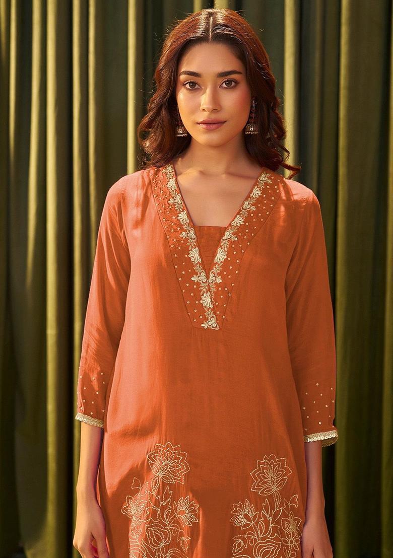 Rust Embroidered Silk Blend Kurta Sets - Indya