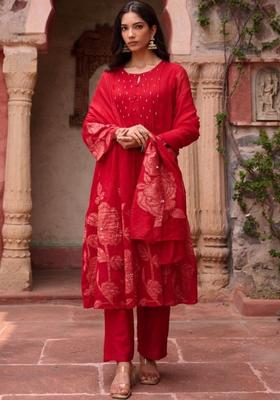 Red Embroidered Cotton Kurta Sets