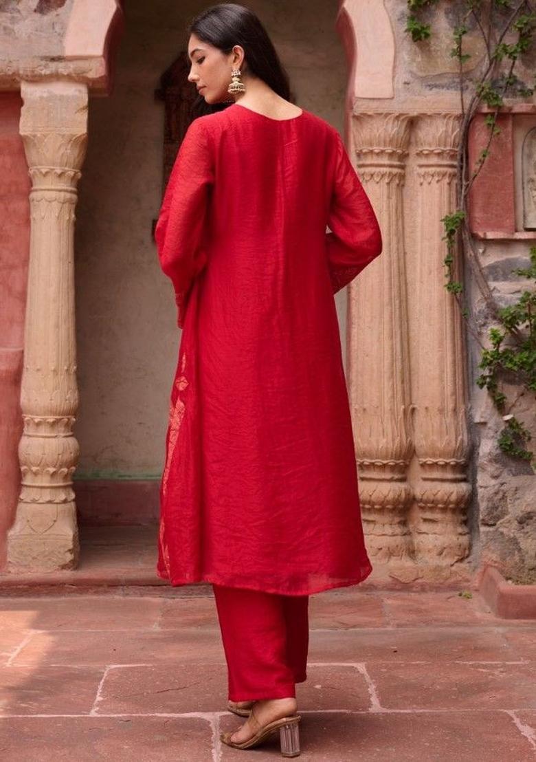 Red Embroidered Cotton Kurta Sets - Indya