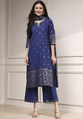 Blue Woven Design Cotton Kurta Sets