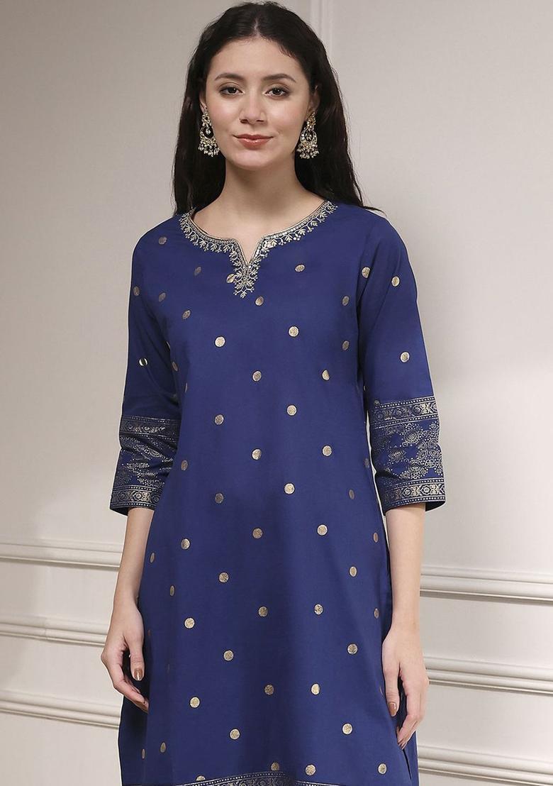 Blue Woven Design Cotton Kurta Sets - Indya