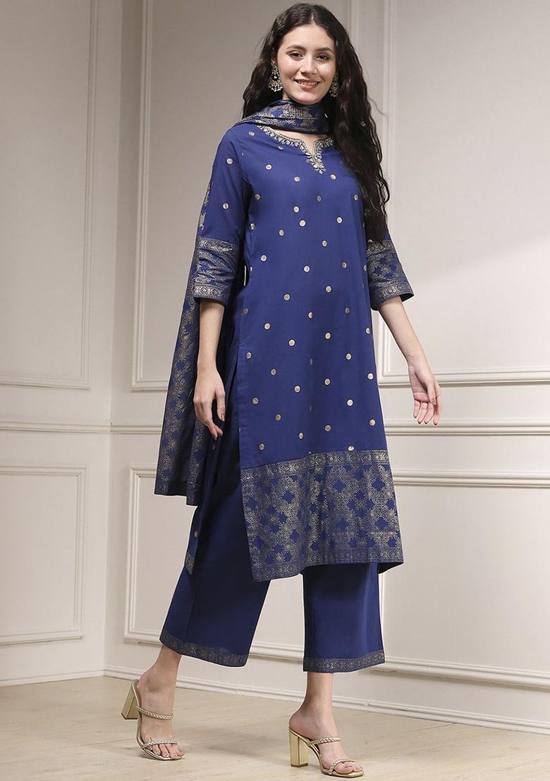 Blue Woven Design Cotton Kurta Sets - Indya