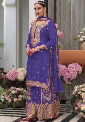 Blue Printed Chinon Kurta Sets