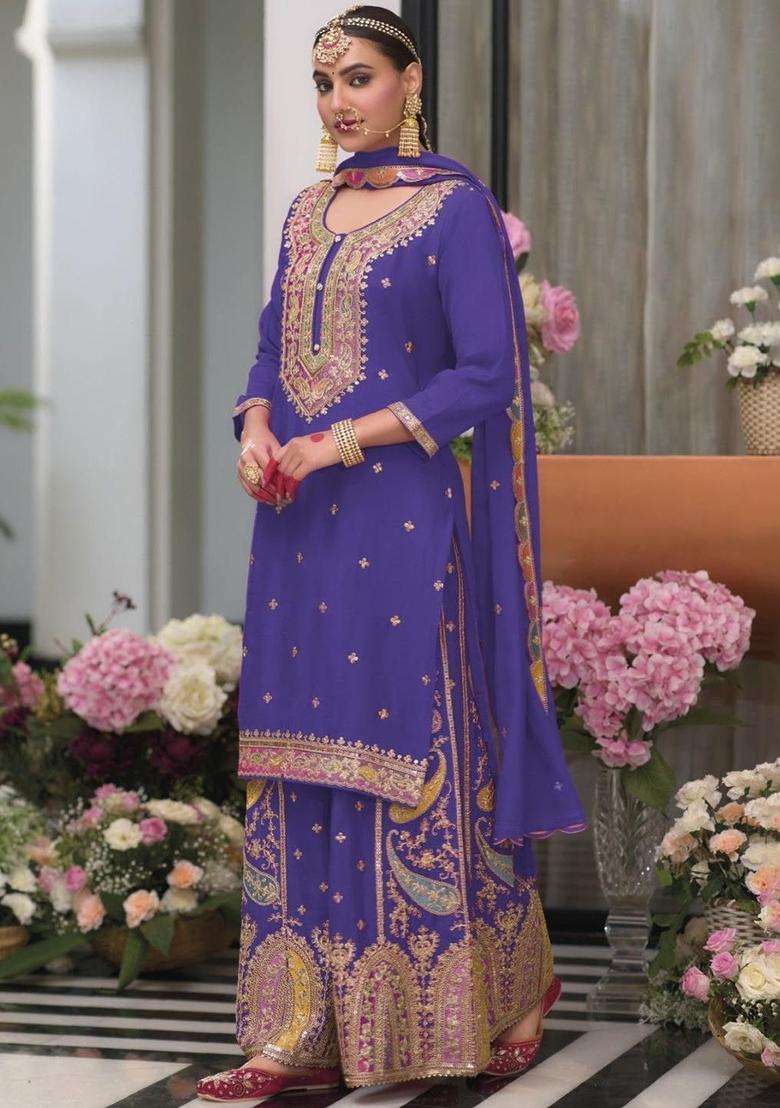 Blue Printed Chinon Kurta Sets - Indya
