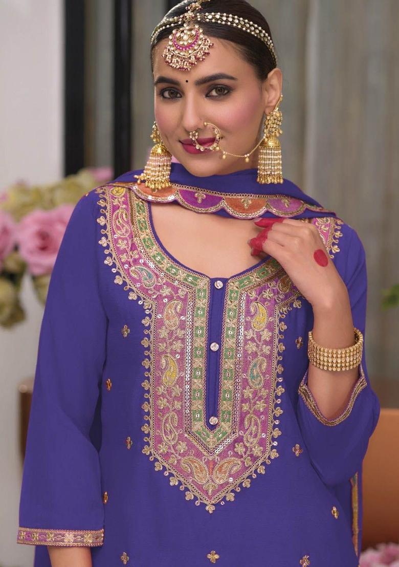 Blue Printed Chinon Kurta Sets - Indya