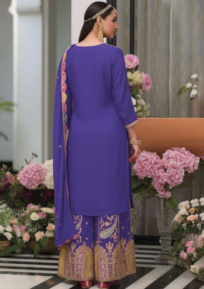 Blue Printed Chinon Kurta Sets - Indya
