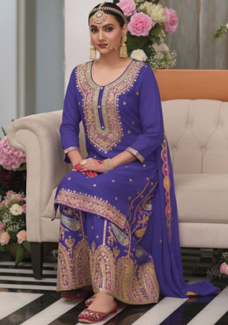 Blue Printed Chinon Kurta Sets - Indya