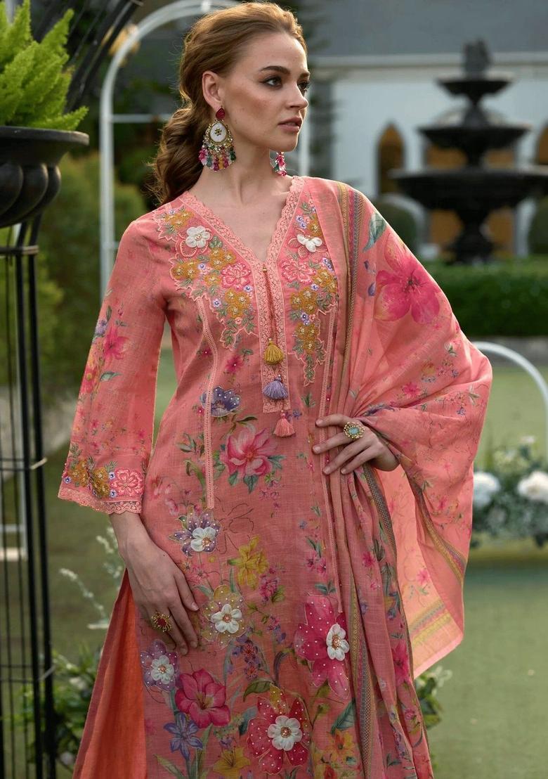 Peach Printed Cotton Kurta Sets - Indya