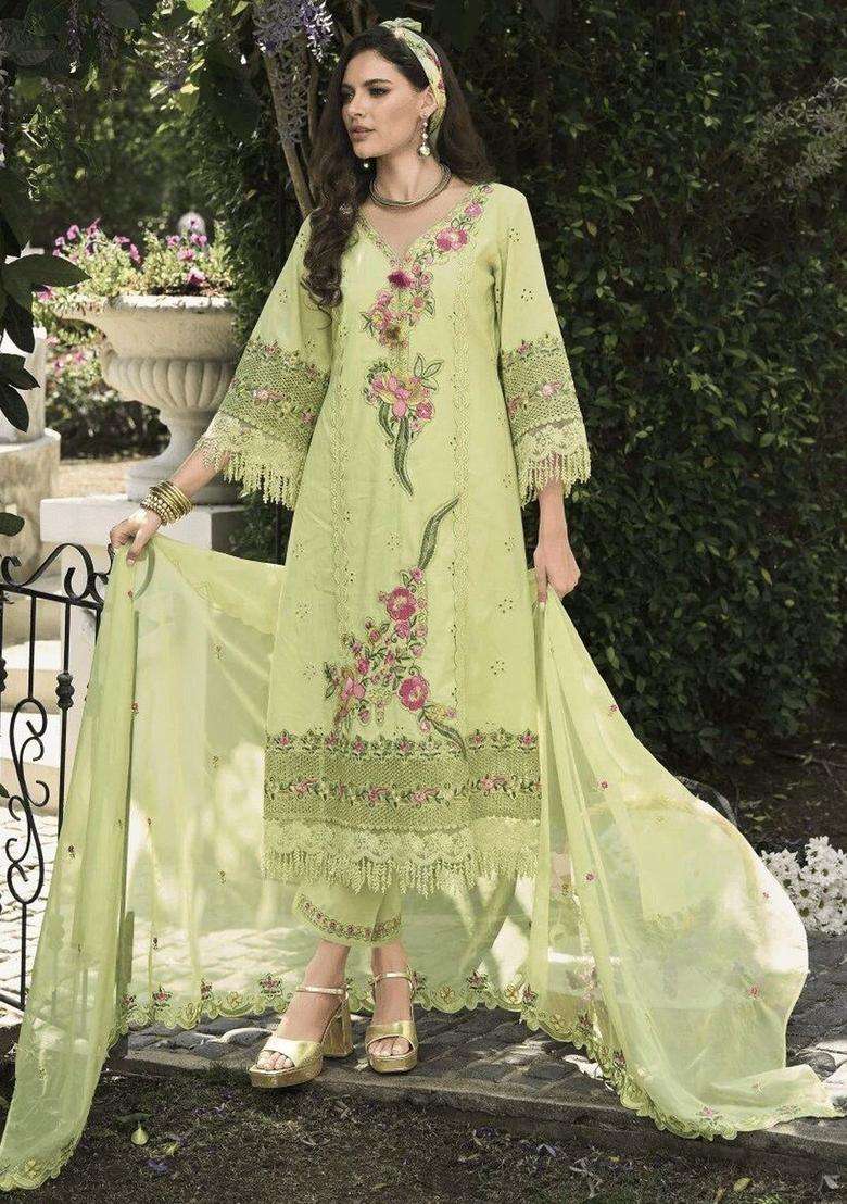 Lime Green Embroidered Cotton Kurta Sets - Indya