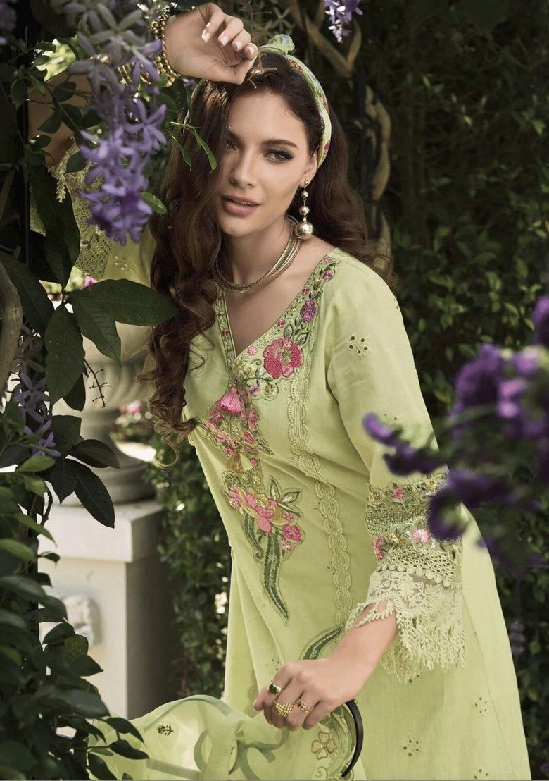 Lime Green Embroidered Cotton Kurta Sets - Indya