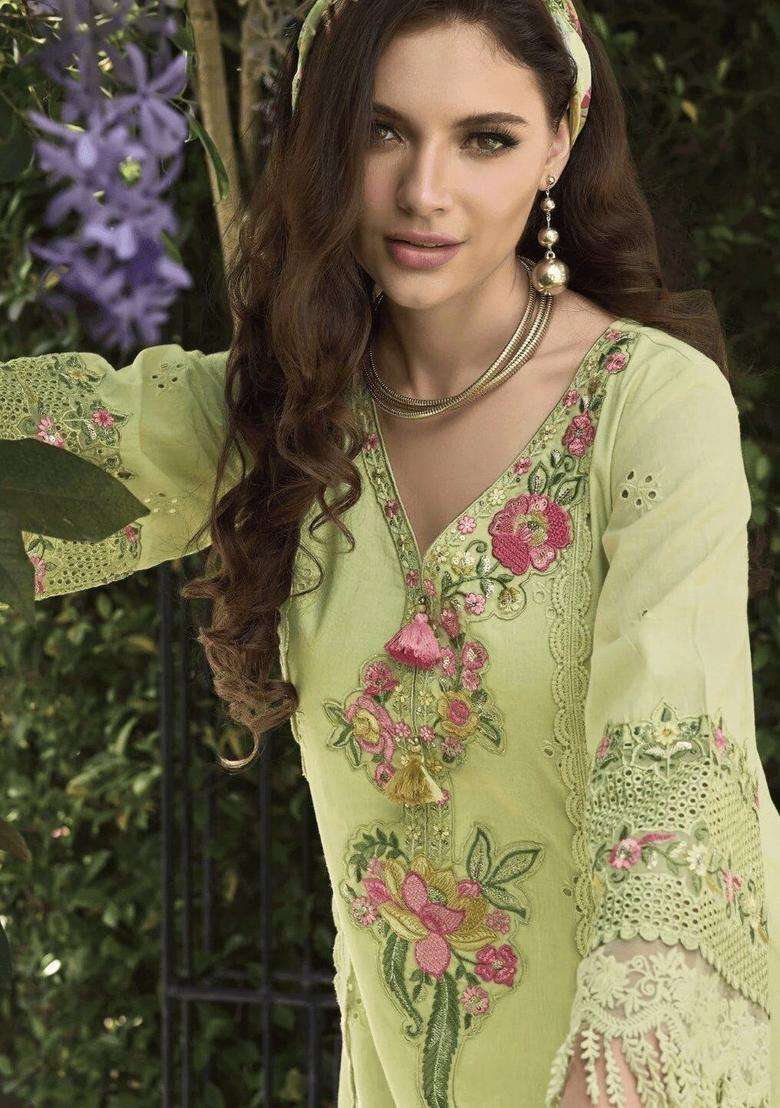 Lime Green Embroidered Cotton Kurta Sets - Indya