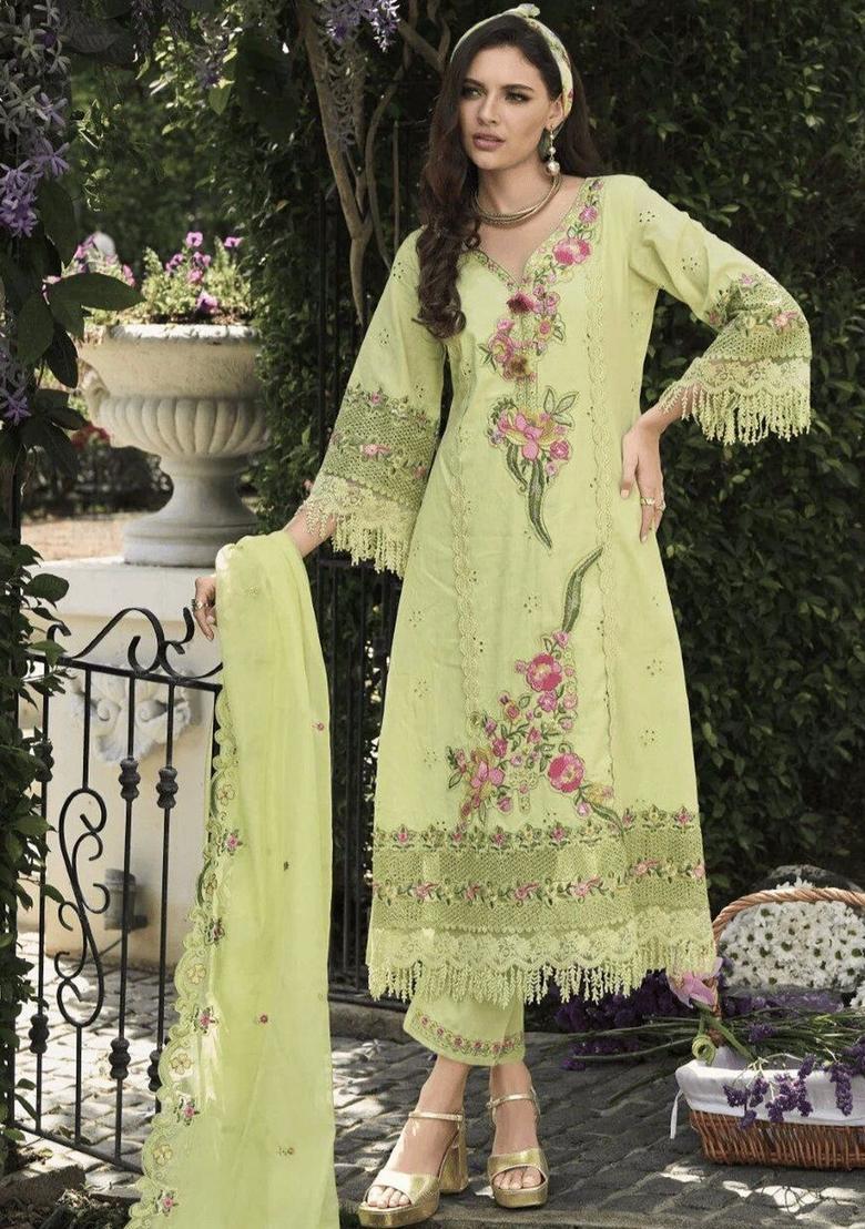 Lime Green Embroidered Cotton Kurta Sets - Indya