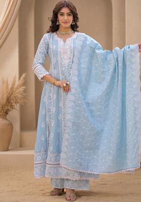Blue Solid Cotton Kurta Sets