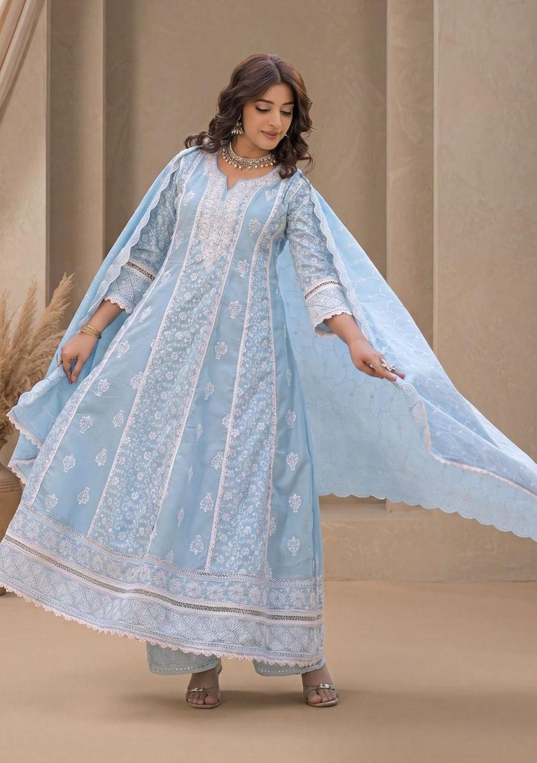 Blue Solid Cotton Kurta Sets - Indya