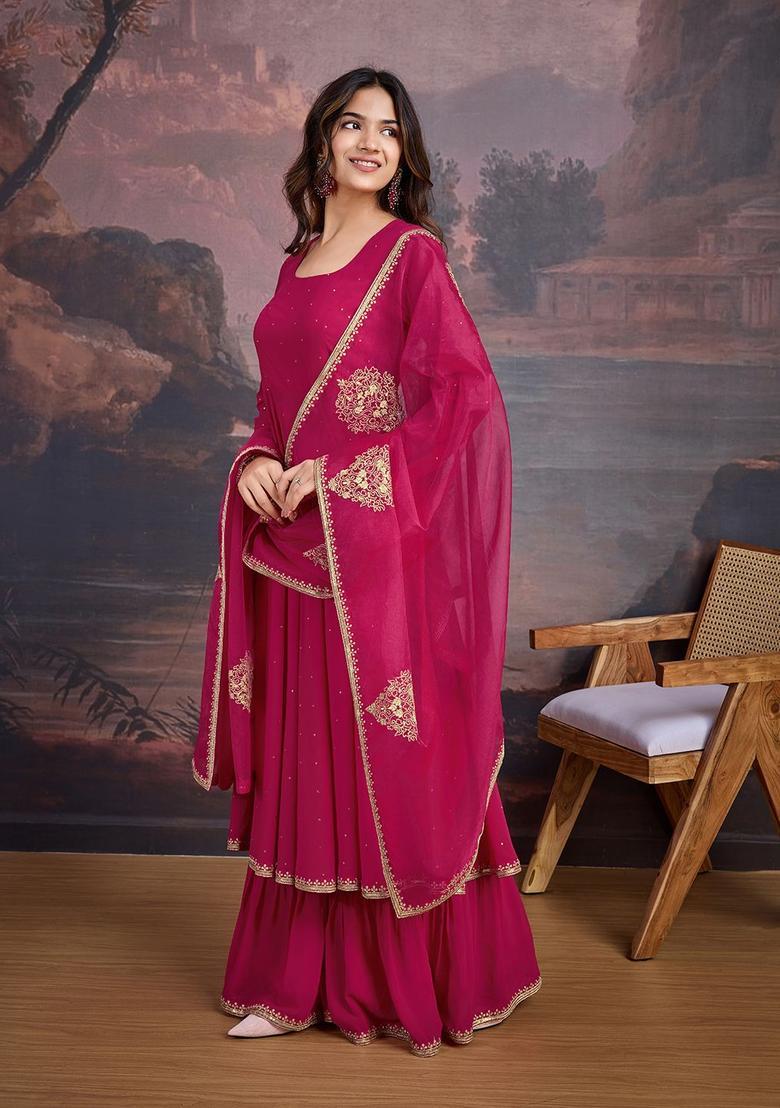 Magenta Solid Georgette Anarkli Sets - Indya