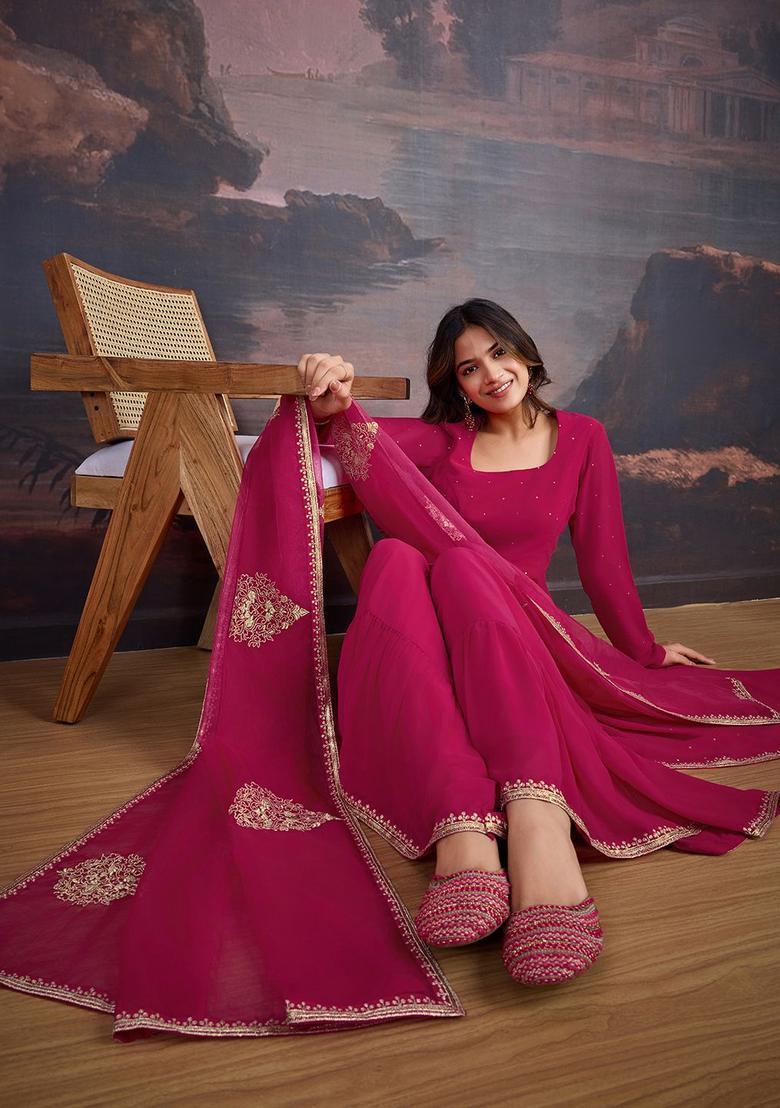 Magenta Solid Georgette Anarkli Sets - Indya
