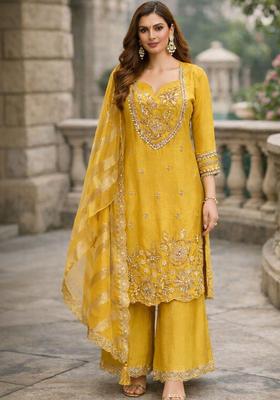 Yellow Embroidered Tissue Kurta Sets