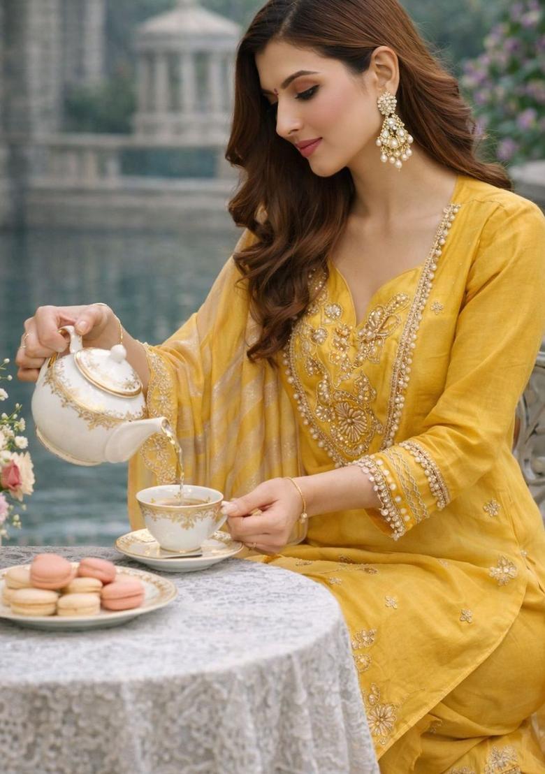 Yellow Embroidered Tissue Kurta Sets - Indya