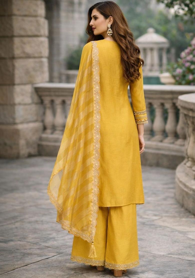 Yellow Embroidered Tissue Kurta Sets - Indya