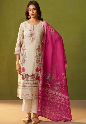 Cream Printed Linen Kurta Sets