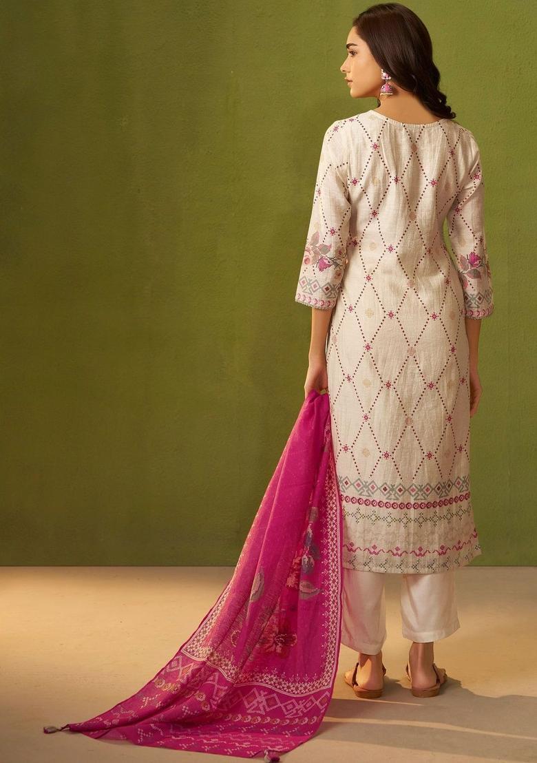 Cream Printed Linen Kurta Sets - Indya