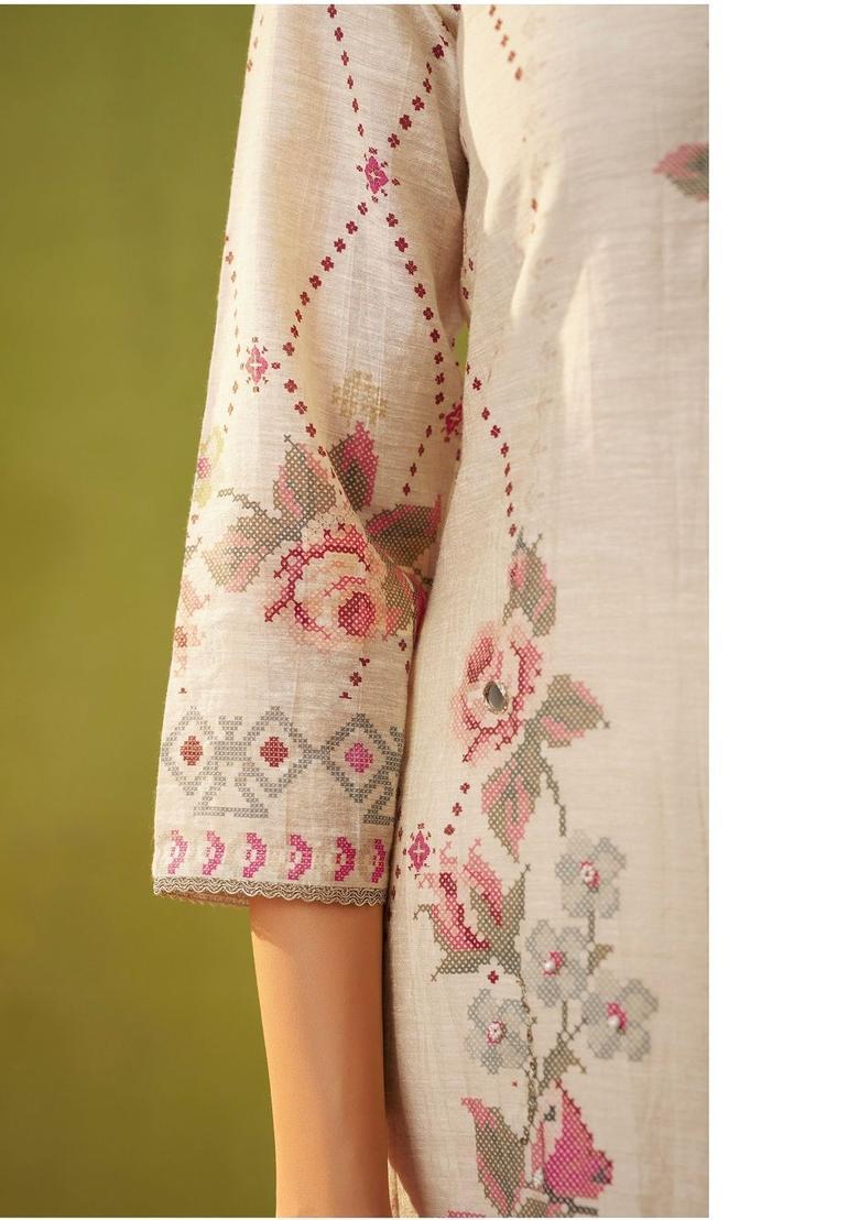 Cream Printed Linen Kurta Sets - Indya