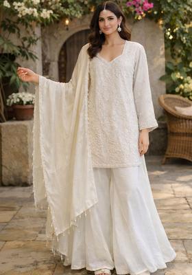 White Embroidered Chinon Kurta Sets