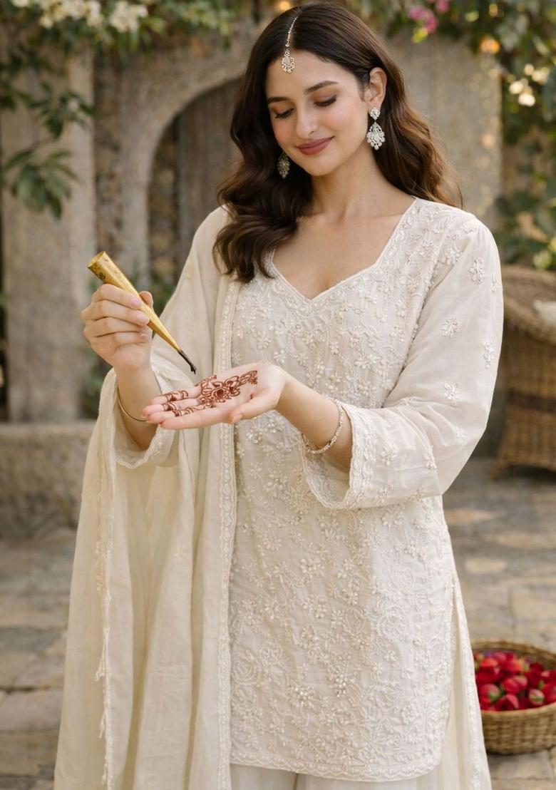 White Embroidered Chinon Kurta Sets - Indya