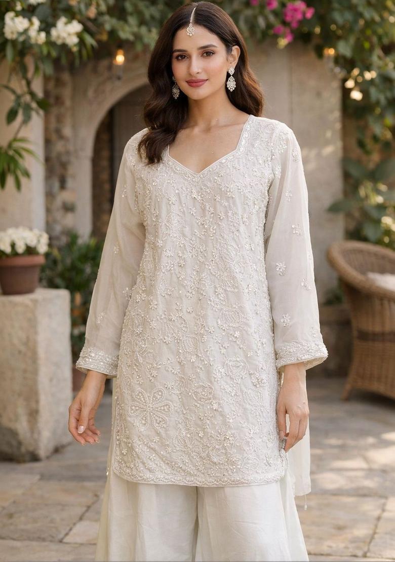 White Embroidered Chinon Kurta Sets - Indya