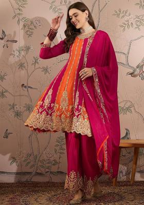 Pink Embroidered Chinon Kurta Sets