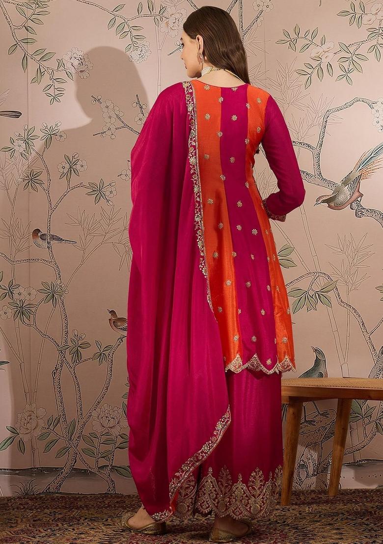 Pink Embroidered Chinon Kurta Sets - Indya