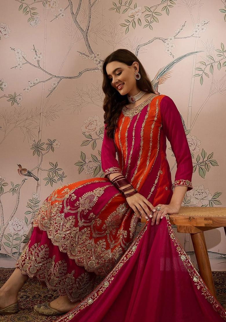 Pink Embroidered Chinon Kurta Sets - Indya