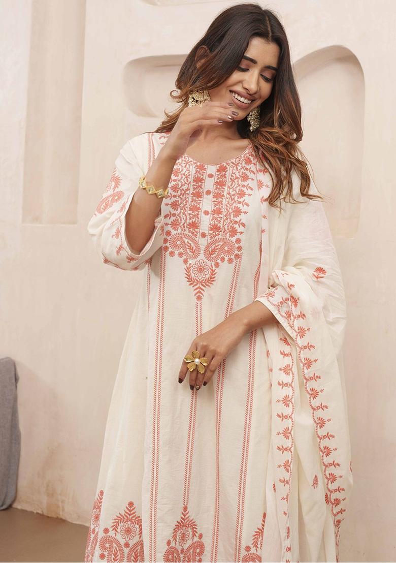 Off White Embroidered Cotton Kurta Sets - Indya