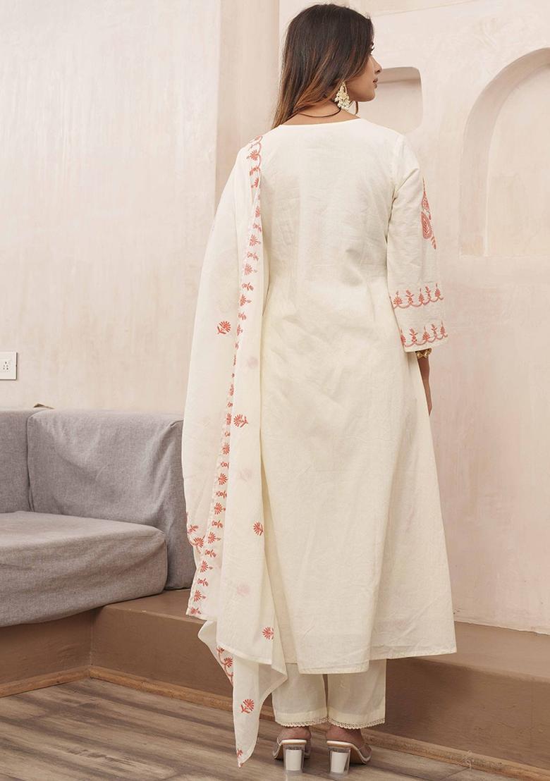 Off White Embroidered Cotton Kurta Sets - Indya