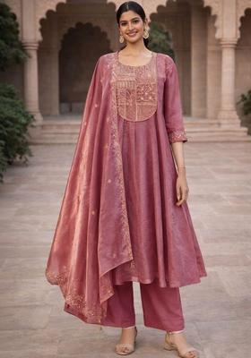 Pink Self Design Silk Blend Anarkli Sets