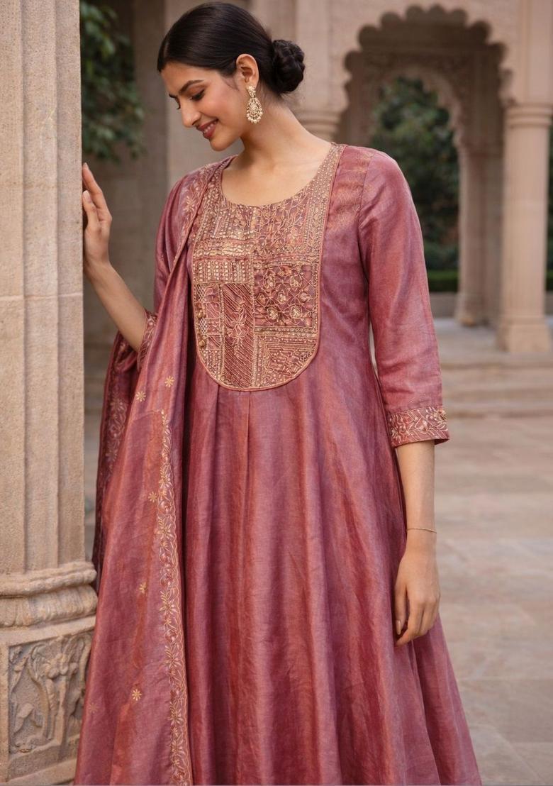 Pink Self Design Silk Blend Anarkli Sets - Indya