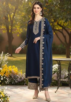 Navy Blue Embroidered Silk Blend Kurta Sets
