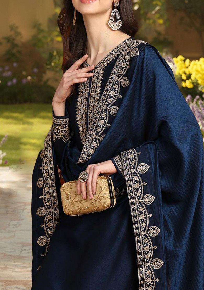 Navy Blue Embroidered Silk Blend Kurta Sets - Indya
